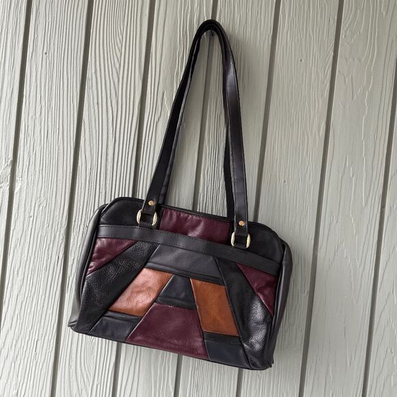 VTG 80s Genuine Leather Patchwork Tote Shoulder Bag Brown Multi Boho - Picture 11 of 11